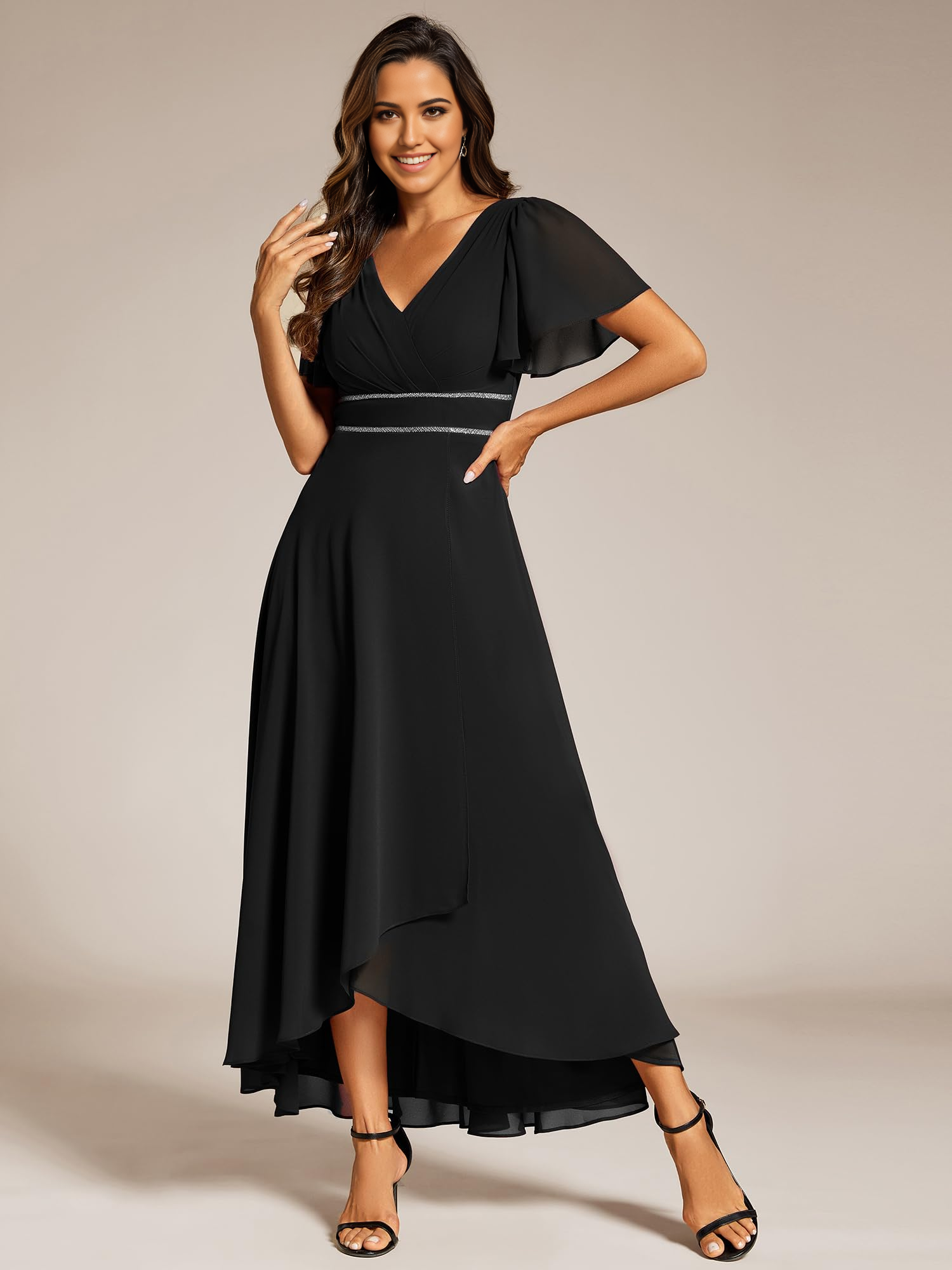 Vestido formal de gasa plisado con mangas y cuello en V y volantes, vestido de dama de honor, vestido de noche, vestido de fiesta